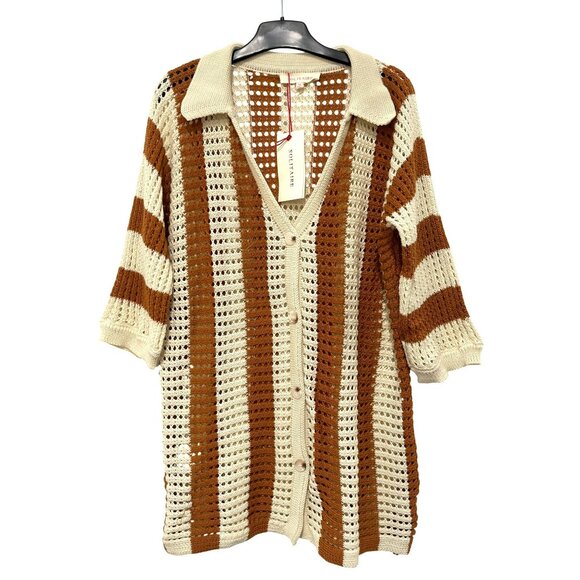 Solitaire Crochet Collared Long Cover Up Shirt Top Medium NWT - Picture 2 of 5